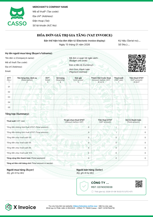 Hoá đơn mẫu X Invoice