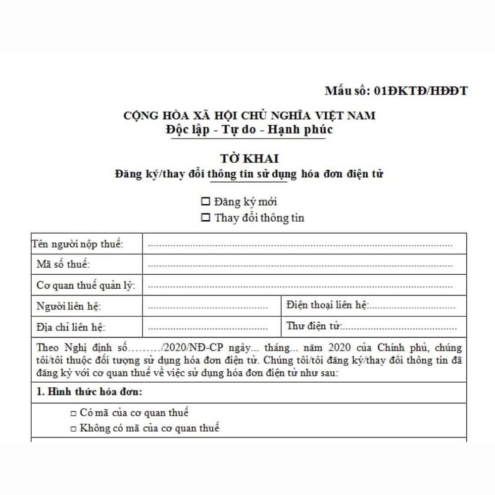 Mẫu 01 tờ khai đăng ký sử dụng hoá đơn điện tử