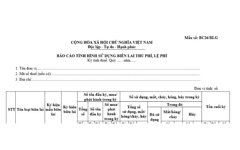 Mẫu báo cáo tình hình sử dụng biên lai điện tử 