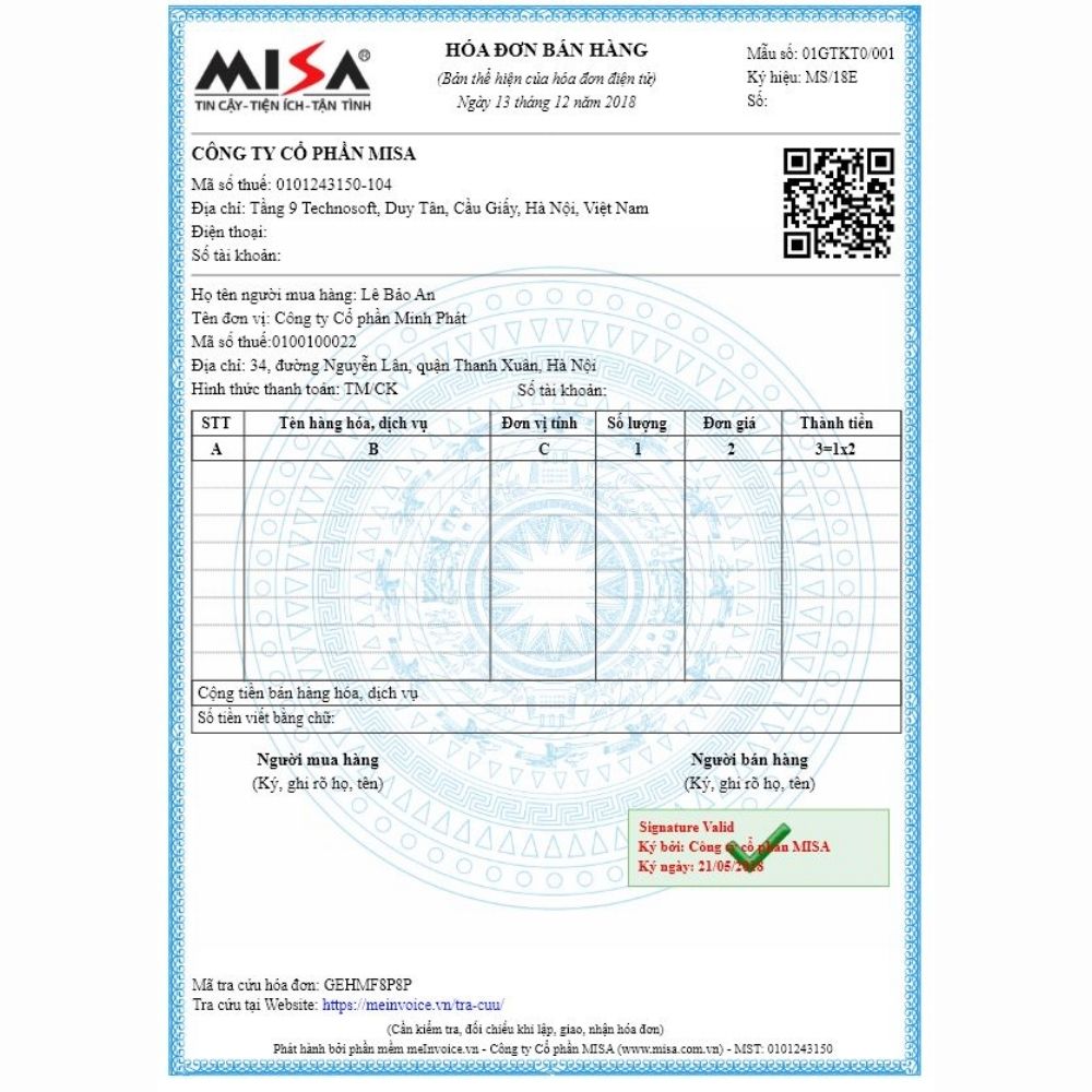 Hoá đơn mẫu Misa Invoice 