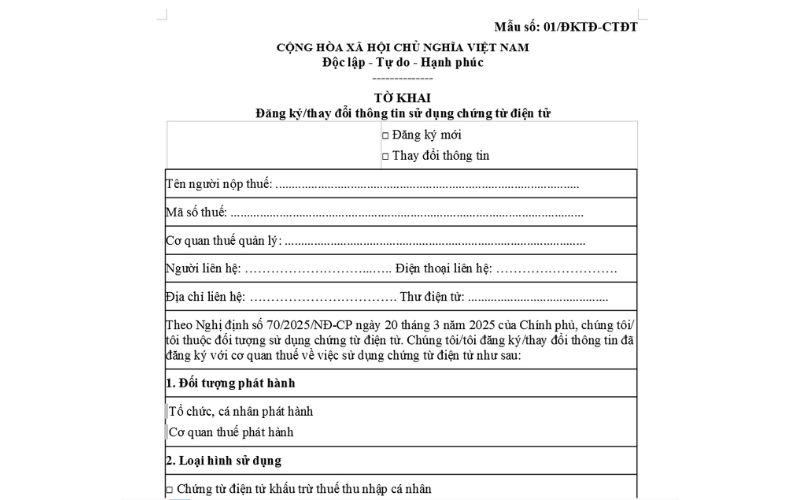 Tờ khai đăng ký sử dụng biên lai điện tử 