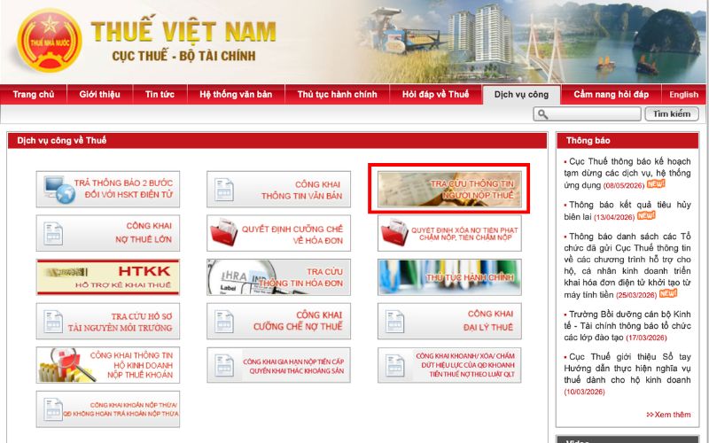 Chọn vào mục Tra cứu thông tin người nộp thuế